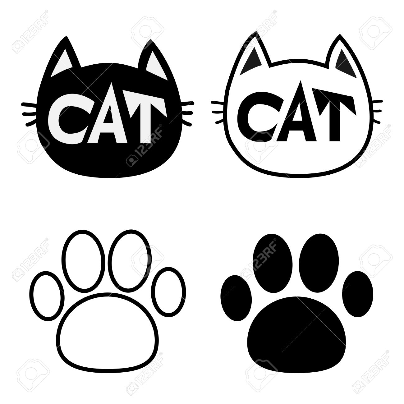 Round shape black cat text icon. Lettering Paw print set Cute 