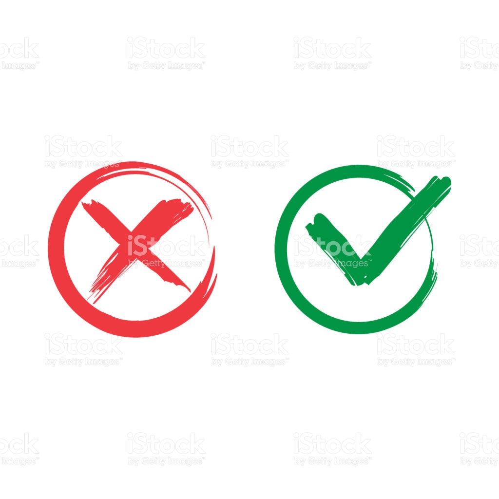 Tick and cross signs. Green checkmark OK and red X icons, isolated 