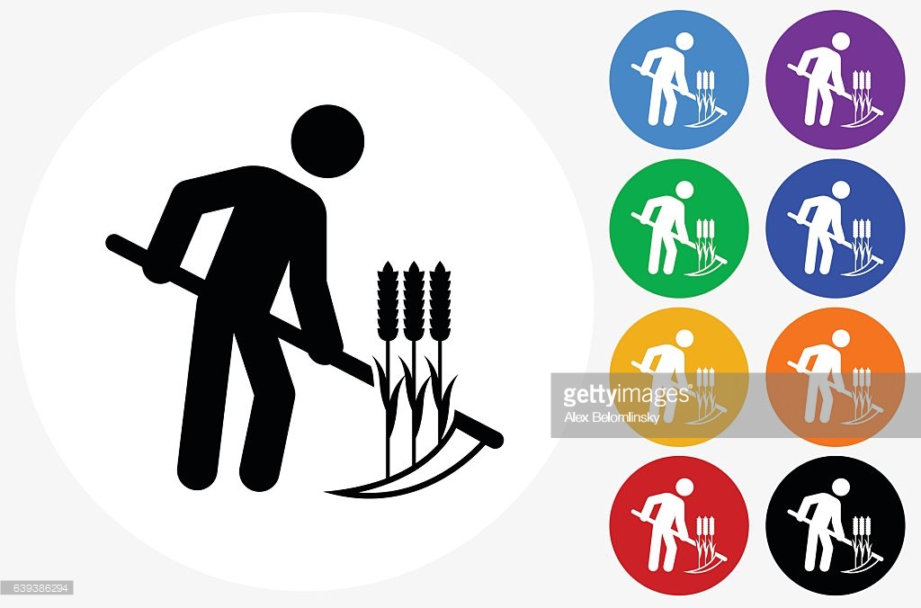 Stick Figure Harvesting Crops Icon On Black And White Vector 
