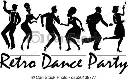 Retro dance party . Silhouette of people dressed in vintage 