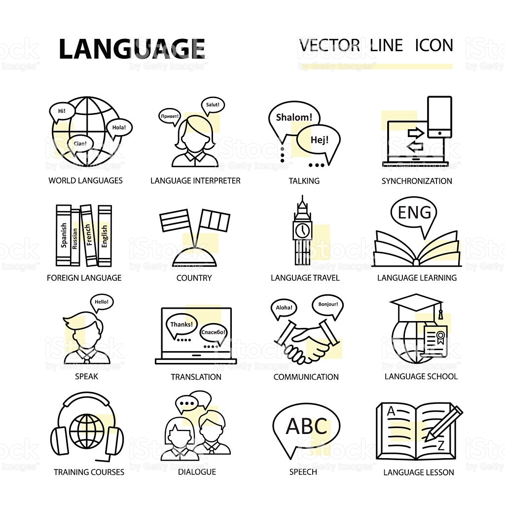 Learning foreign language icon in cartoon style isolated on 