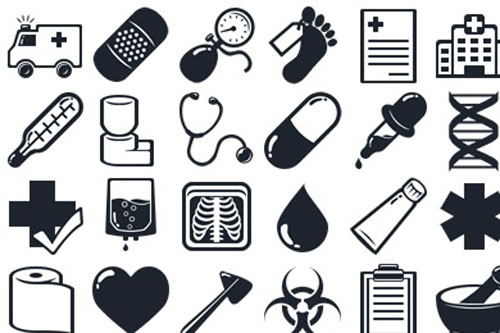 Medical icons in trendy flat style with long shadows and main 