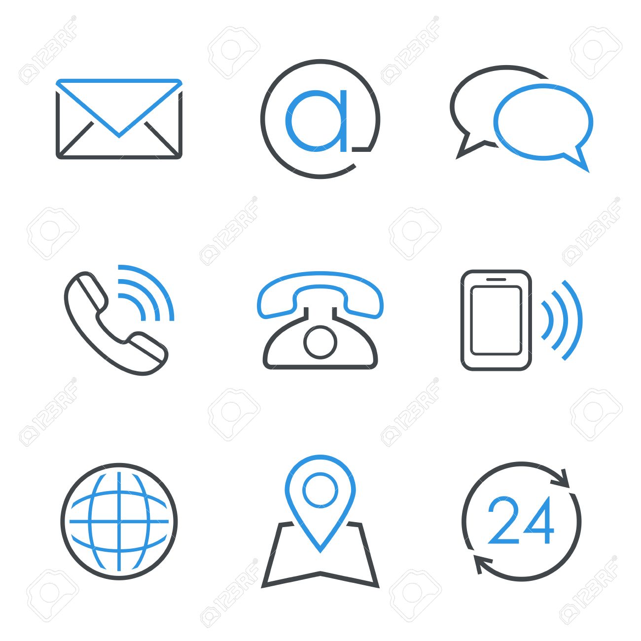 Set of numerous contact icons in flat silhouette style artwork 