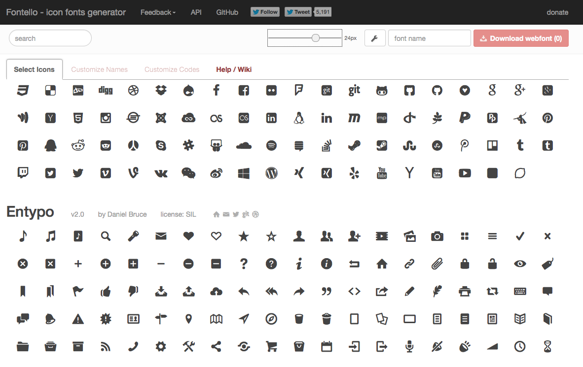 Fontello.com icon font generator: choose icons from a number of 