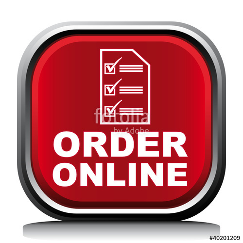 Order online flat design web vector icon. Red square sign on gray 