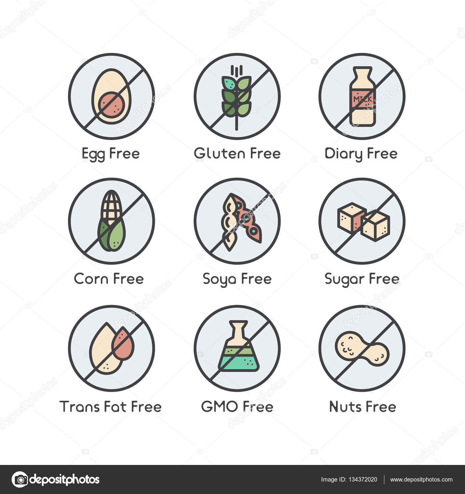 Vector food dietary labels icon set. Gluten and sugar, gmo free 