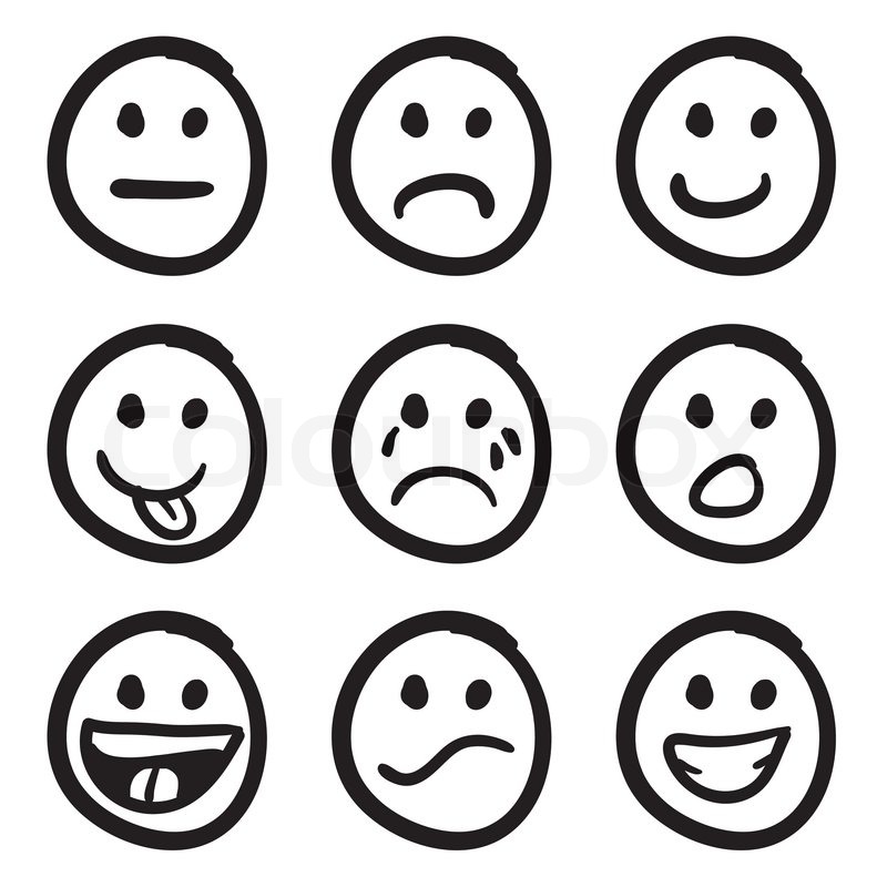 An icon set of doodled cartoon smiley faces in a variety of 