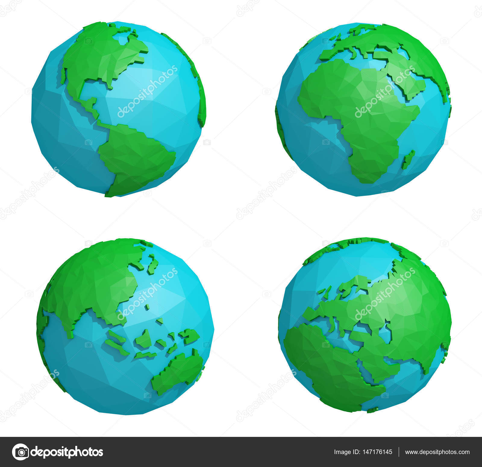 Set of low poly earth planet with four continents, polygonal globe 