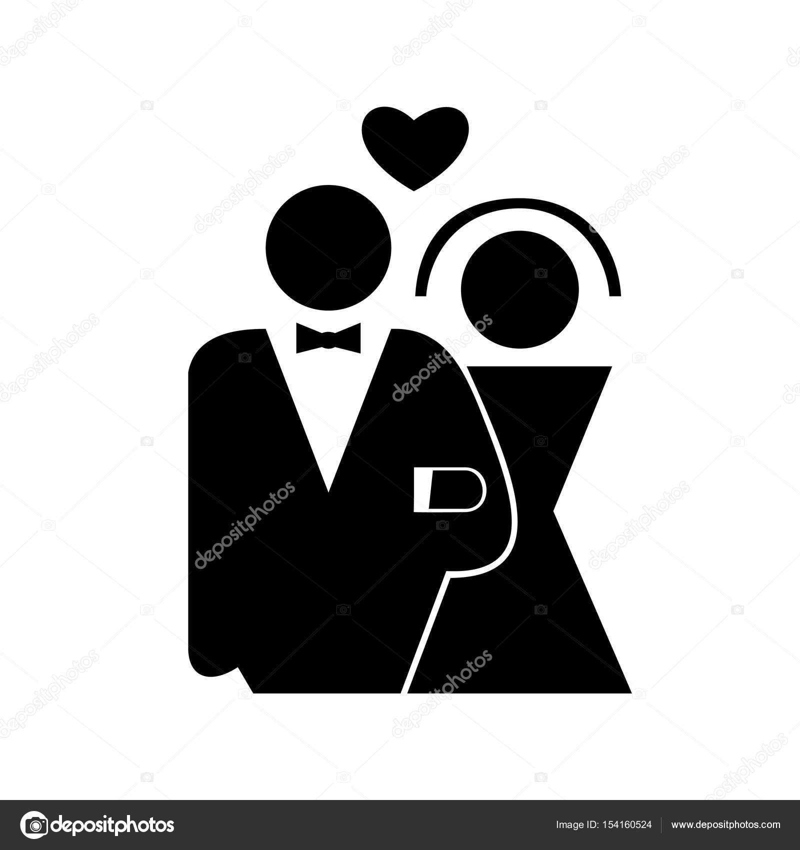 Black icon of bride and groom in minimalistic style, two lowers 