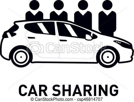 Car Sharing. Group Of People Behind Car. Flat Design. Line Icon 