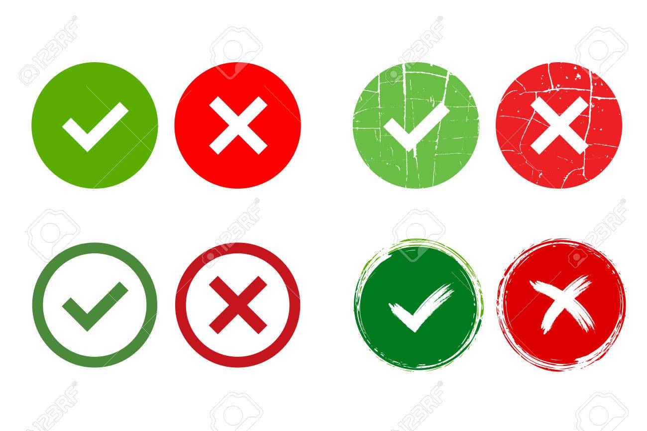 Green Brushed Checkmark OK And Red X Icons, Isolated On White Ba 