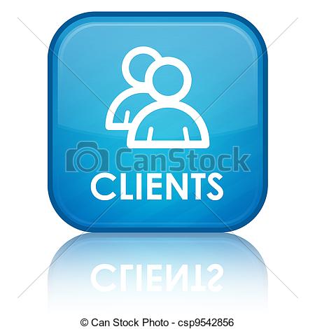 Clients glossy button. Clients icon on glossy blue square stock 