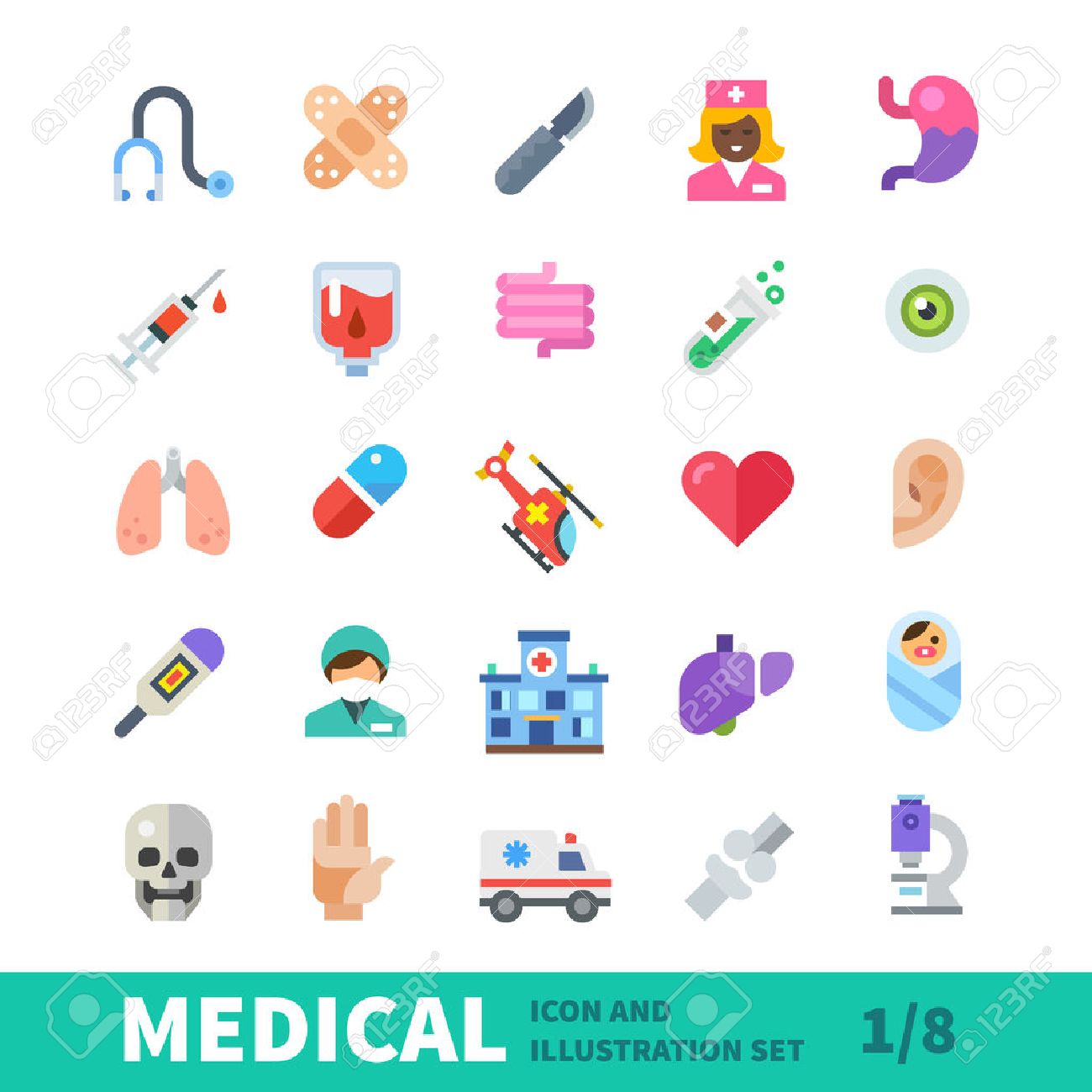 Medical Flat Color Icon Set. Health Research Supplies, Devices 