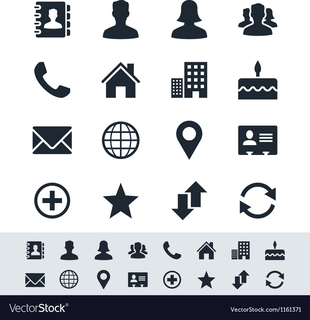 Set of numerous contact icons in flat silhouette style artwork 