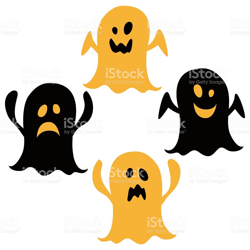 Cute vector ghosts icons, halloween design set, kawaii black 