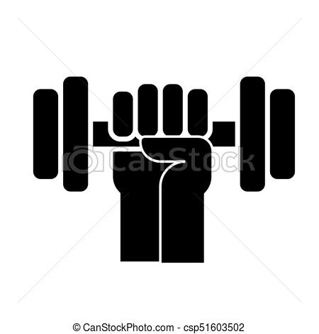 Strong hand with dumbbell icon, vector illustration, black 