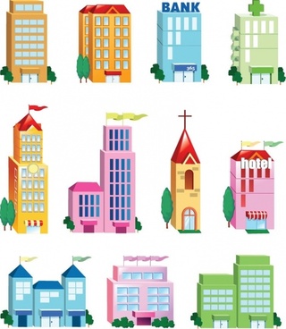 Vector for free use: Icons of buildings set