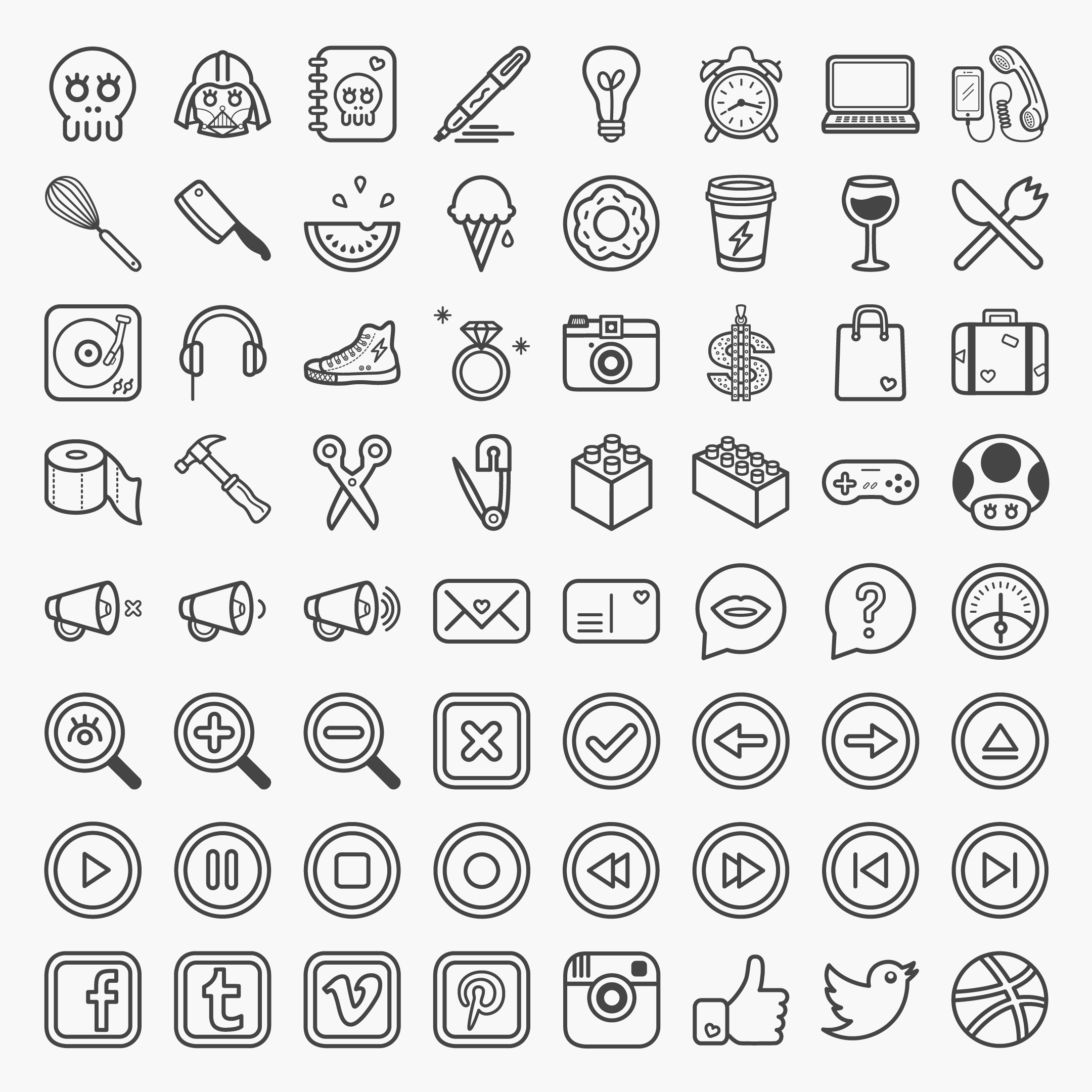 Coucou is a set of 64 fun and quirky icons. Available in .PSD, .AI 