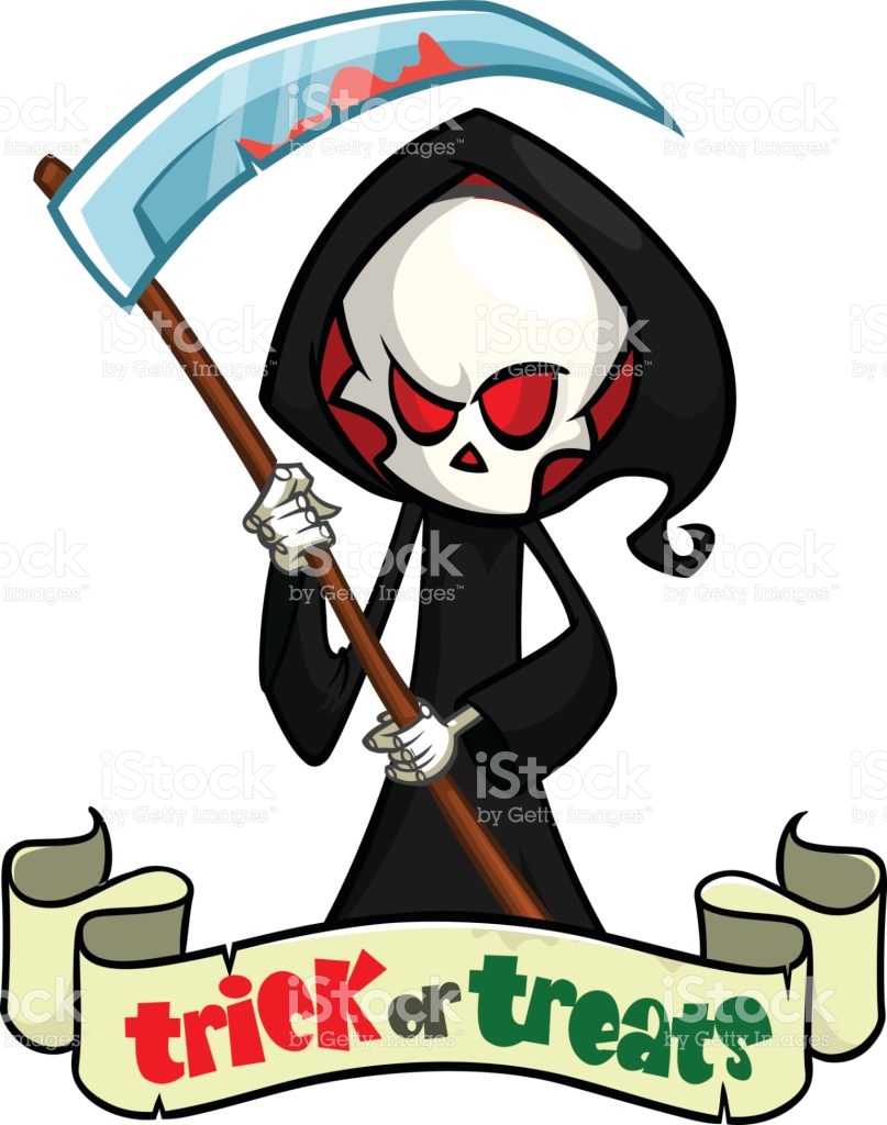 Cute cartoon grim reaper with scythe isolated on white. Cute 