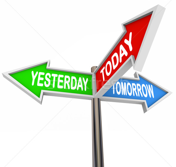 3d road sign of text present, past and future stock illustration 