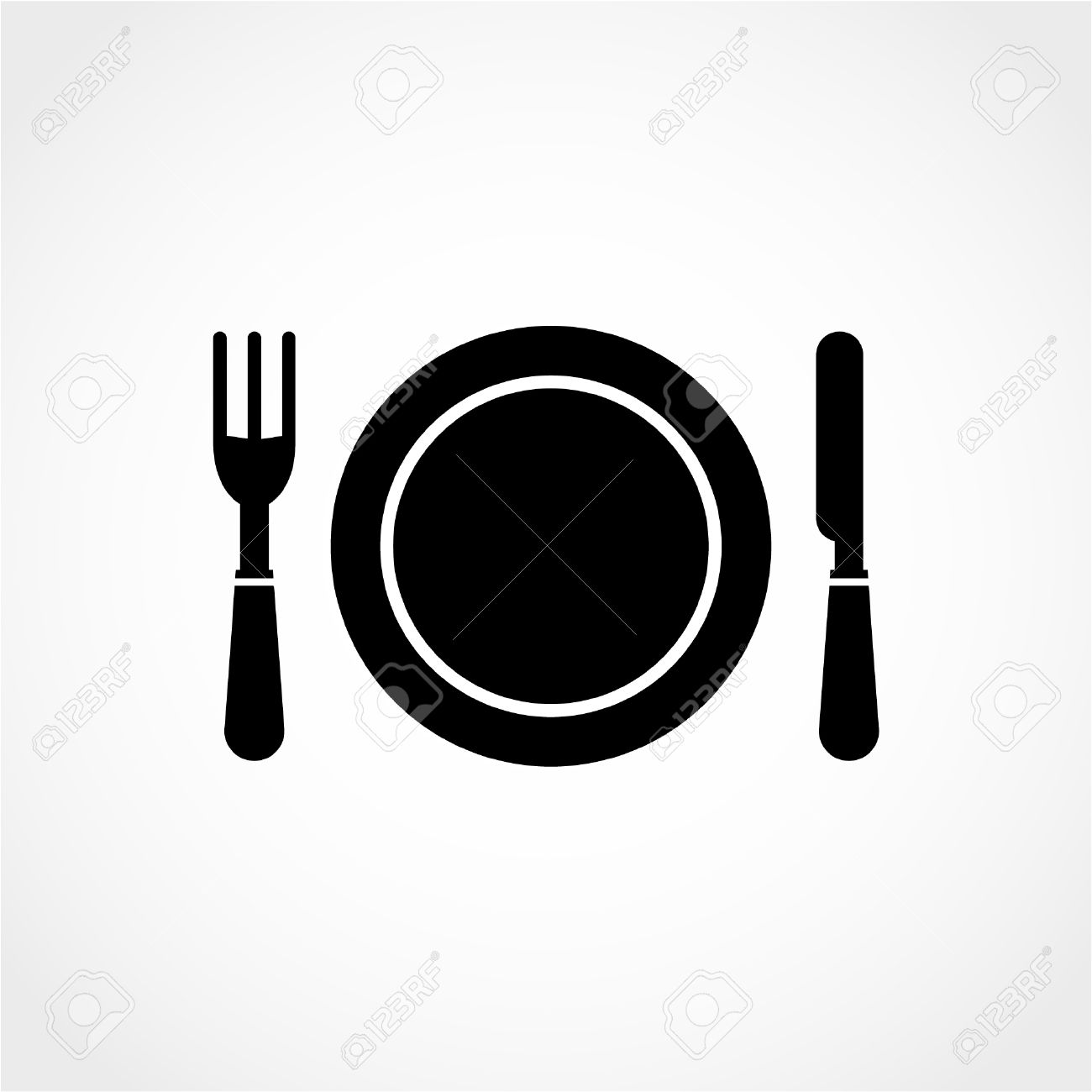 Two icons with plate, fork, spoon, knife on red and white 