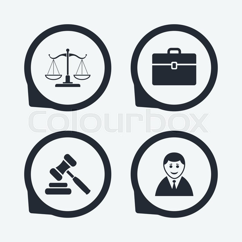 Scales of Justice icon. Client or Lawyer symbol. Auction hammer 