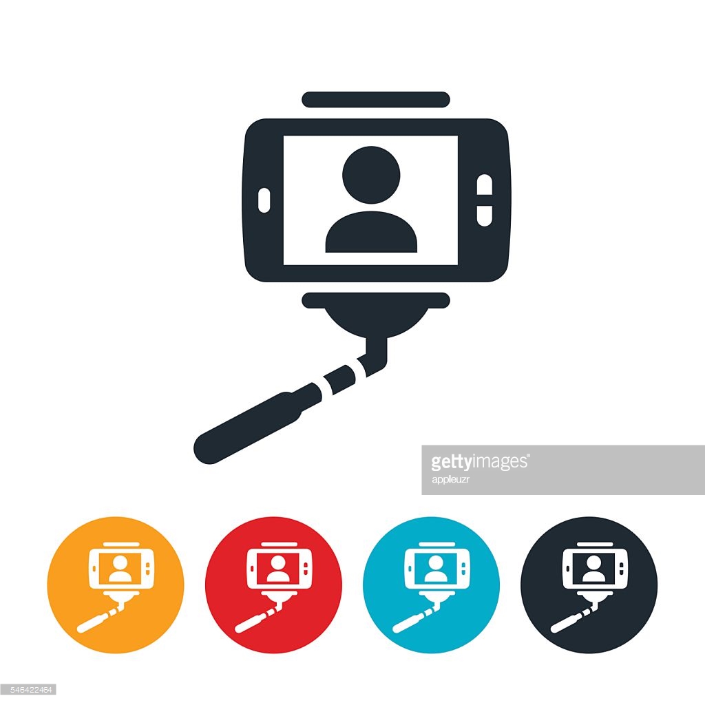 Hand holding selfie stick icon. gray monochrome illustration 