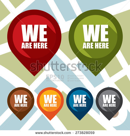 Street map with a pin pointer, text: we are here, and a clipart 