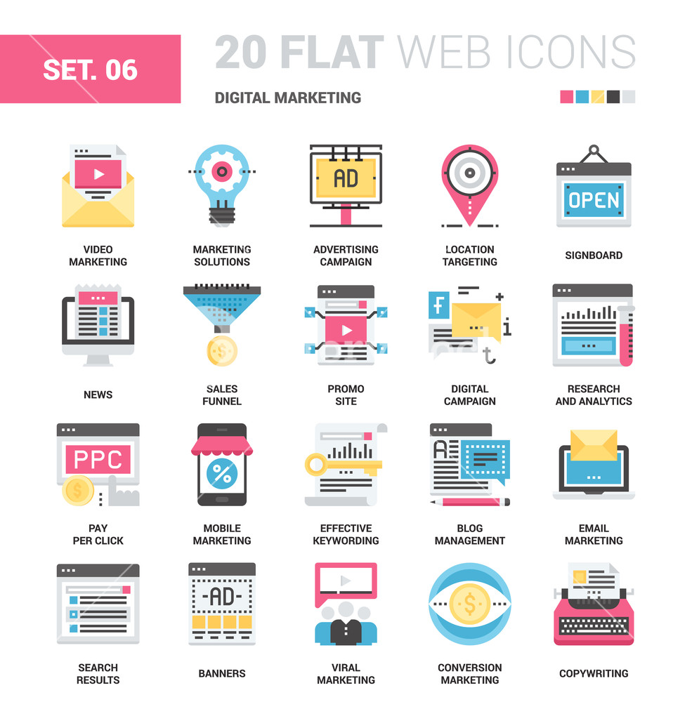 Vector set of digital marketing flat web icons. Each icon neatly 