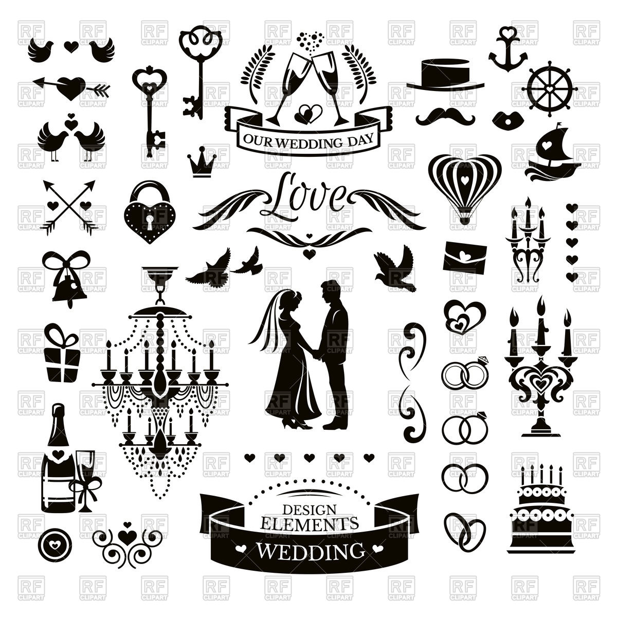 Wedding day black and white set icons Free vector in Adobe 