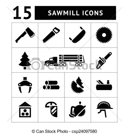 Set icons of sawmill, timber, lumber and woodworking vector 